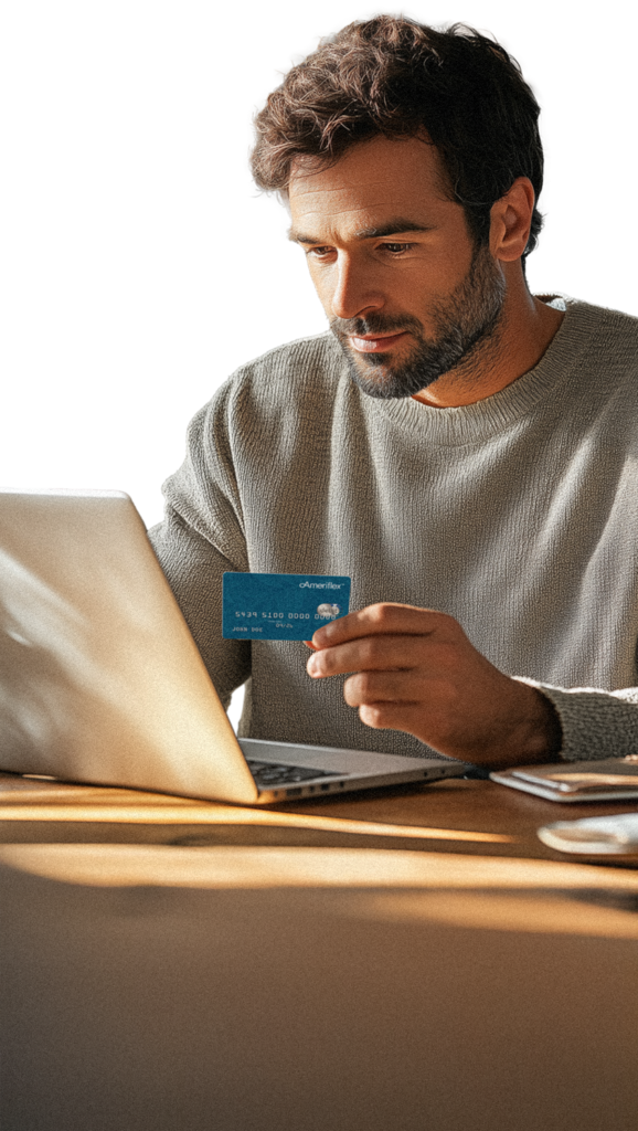 Man with Ameriflex Debit Card sitting in front of a laptop